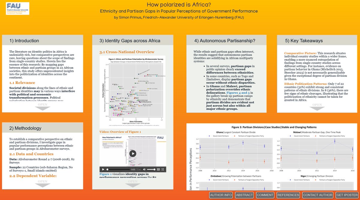 Excited to present my poster "How Polarized is Africa?" at #APSA2023. Using 82 <a href="/Afrobarometer/">Afrobarometer</a> surveys from 22 African countries, I examine public opinion divides along ethnic &amp; partisan lines, offering unique comparative insights &amp; new avenues for measuring identity divisions.