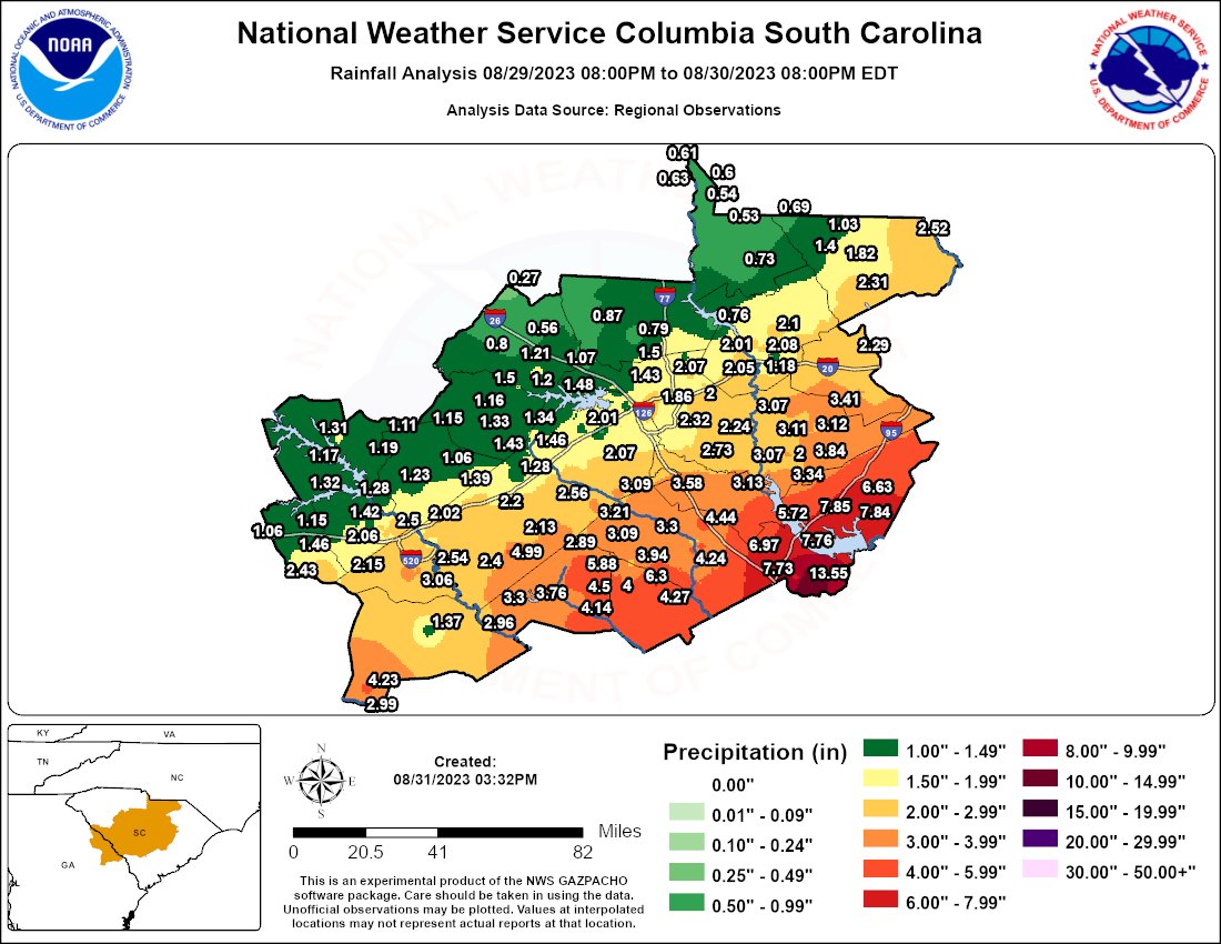 Here is a final map of the rainfall totals from yesterday, with several areas in the eastern Midlands seeing more rain in one day than is normal for the entire month of August! #scwx #gawx