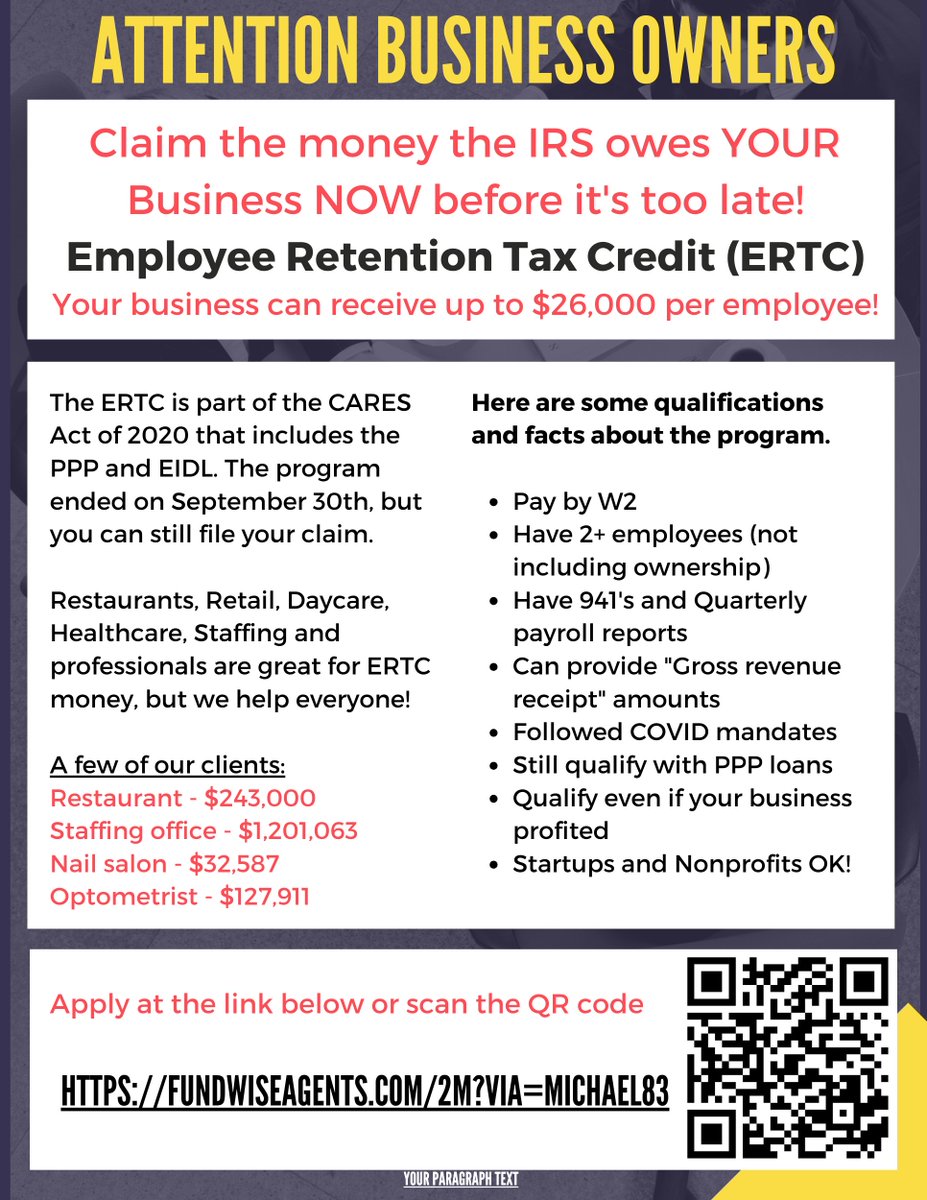 Are you aware of the Employee Retention Credit (ERC) program? This program has enabled businesses to recover thousands of dollars, and you can too!
Click the link for more information and take advantage of this program today: fundwiseagents.com/2m?via=michael…
#ERC #FundwiseAgents #JoinUs