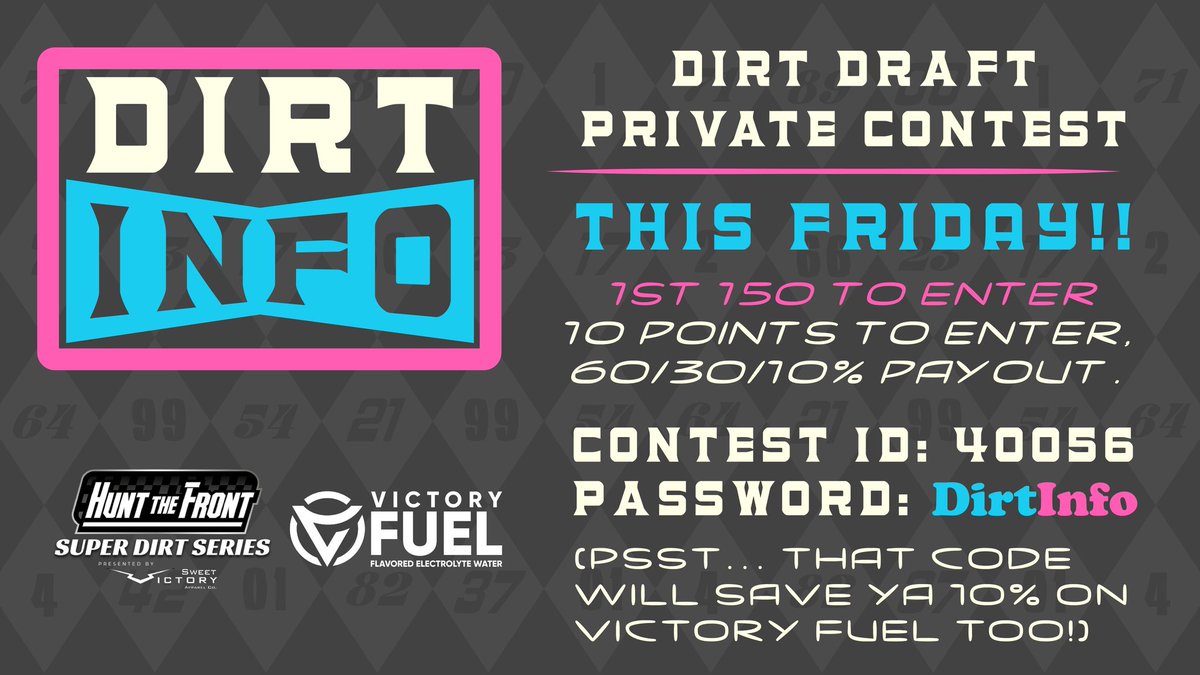 Hey e'rybody! The DirtInfo team is hosting our first, of what we hope to be many, private @DirtDraft contests tomorrow for the @HuntTheFrontSDS from @LavoniaSpeedway. Let's get'er filled up! Deets 👇