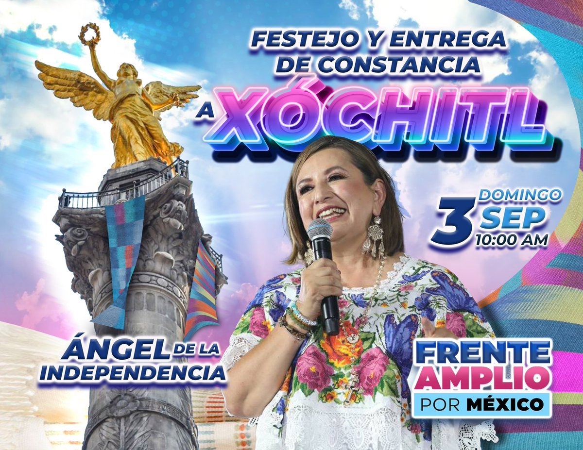 ¡Vamos juntos a festejar con <a href="/XochitlGalvez/">Xóchitl Gálvez Ruiz</a> su designación como Responsable del Frente Amplio por México!

¡Nos vemos en el Ángel de la Independencia el próximo domingo 3 de septiembre a las 10 am!