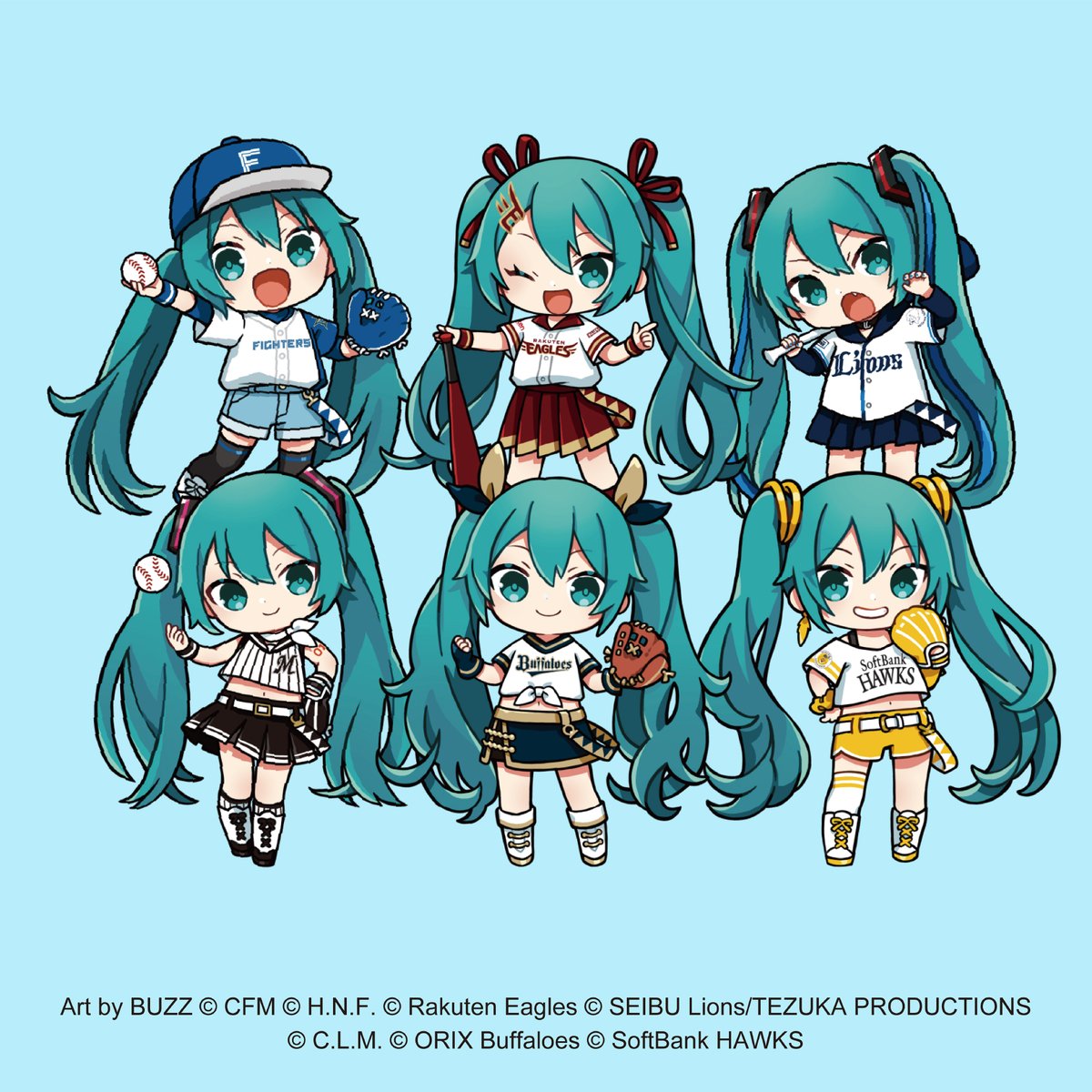 初音ミク「初音ミク×プロ野球コラボ決定!パ・リーグ6球団のSDイラストを担当しましたっグッ」|ばずのイラスト