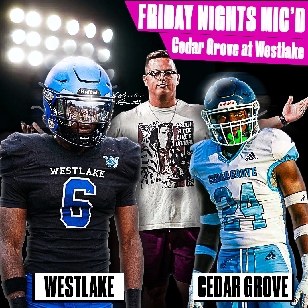 BrooksAustinBA's tweet photo. BREAKING: 

Friday Nights Mic’d is headed to the Southside tomorrow. 

Cedar Grove vs Westlake. https://t.co/qEzgIyOeco