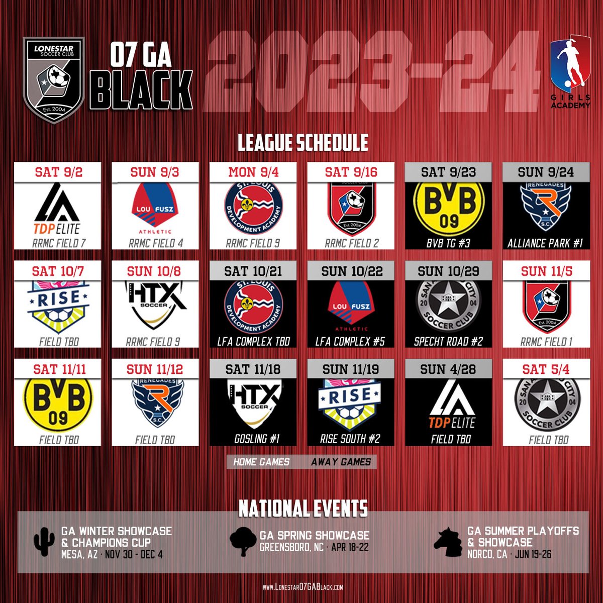 We are excited to begin league play this weekend!

Game 1: Saturday, 9/2,
vs LA TDP @ 6p, Round Rock Multipurpose Complex- Field 7

Game 2: Sunday, 9/3
vs LFA @ 430p, RRMC-Field 4

Game 3: Monday, 9/4
vs STL DA @ 945a, RRMC-Field 9
<a href="/LonestarSC/">Lonestar SC ⚽️</a> <a href="/LonestarGA/">Lonestar SC GA</a> <a href="/GAcademyLeague/">Girls Academy</a>