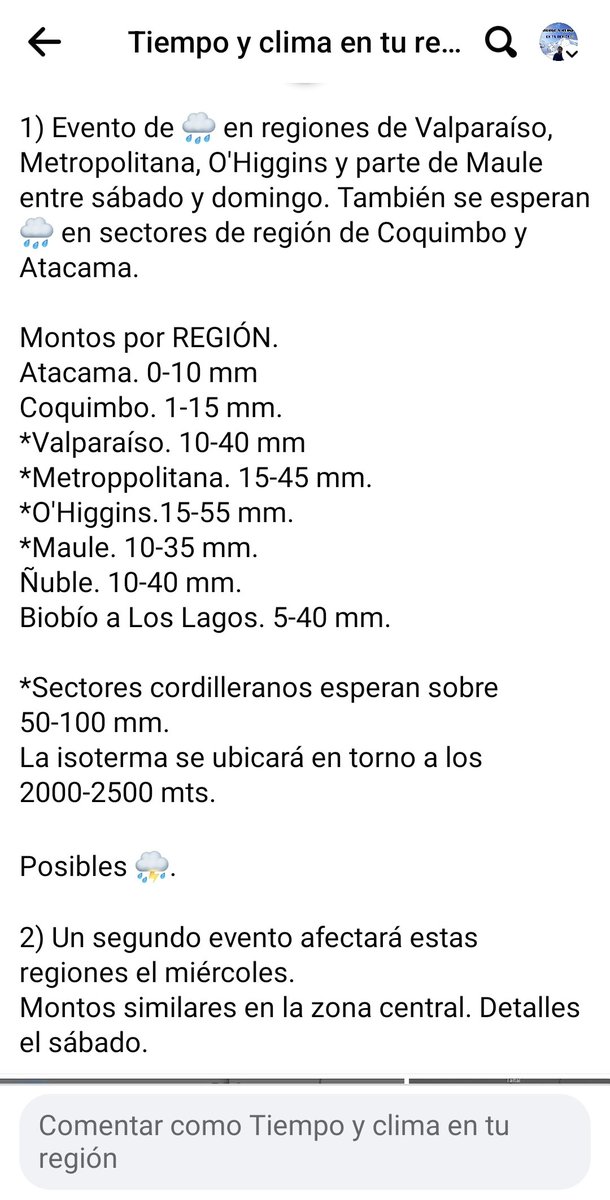 EdoWeatherman's tweet photo. Aviso por precipitaciones en norte chico y zona central.

Adjunto información sobre lluvias.

Si bien se ve lluvia fuerte en interior y cordillera, también caerá nieve y eso es bueno. https://t.co/8OA6i2iZoK