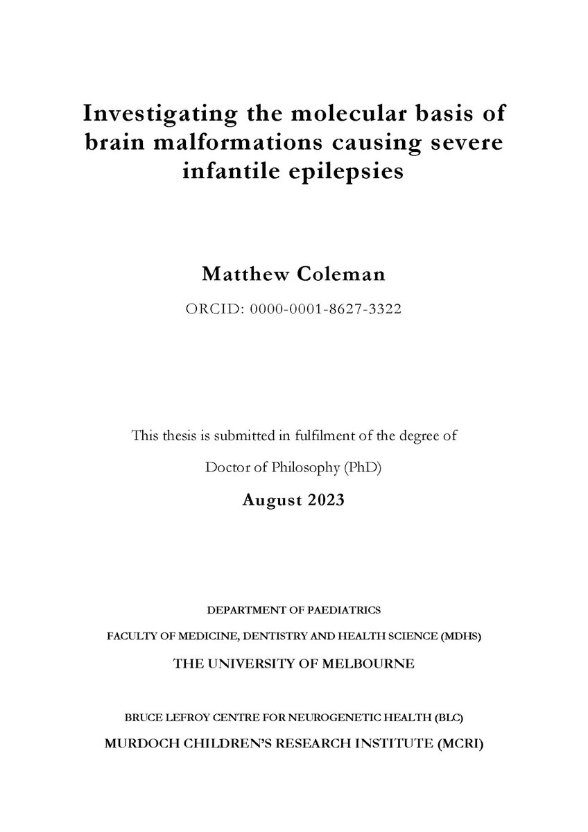 GeneticsMatt's tweet image. I have submitted my PhD thesis!!! I was so fortunate to have had such wonderful PhD supervisors (@0sems0, @drkbhowell, Prof Paul Lockhart &amp;amp; Prof Rick Leventer), advisors (@ae_frazier &amp;amp; @houweling_peter), collaborators and friends! @MCRI_for_kids @UniMelbMDHS @GSA_UniMelb