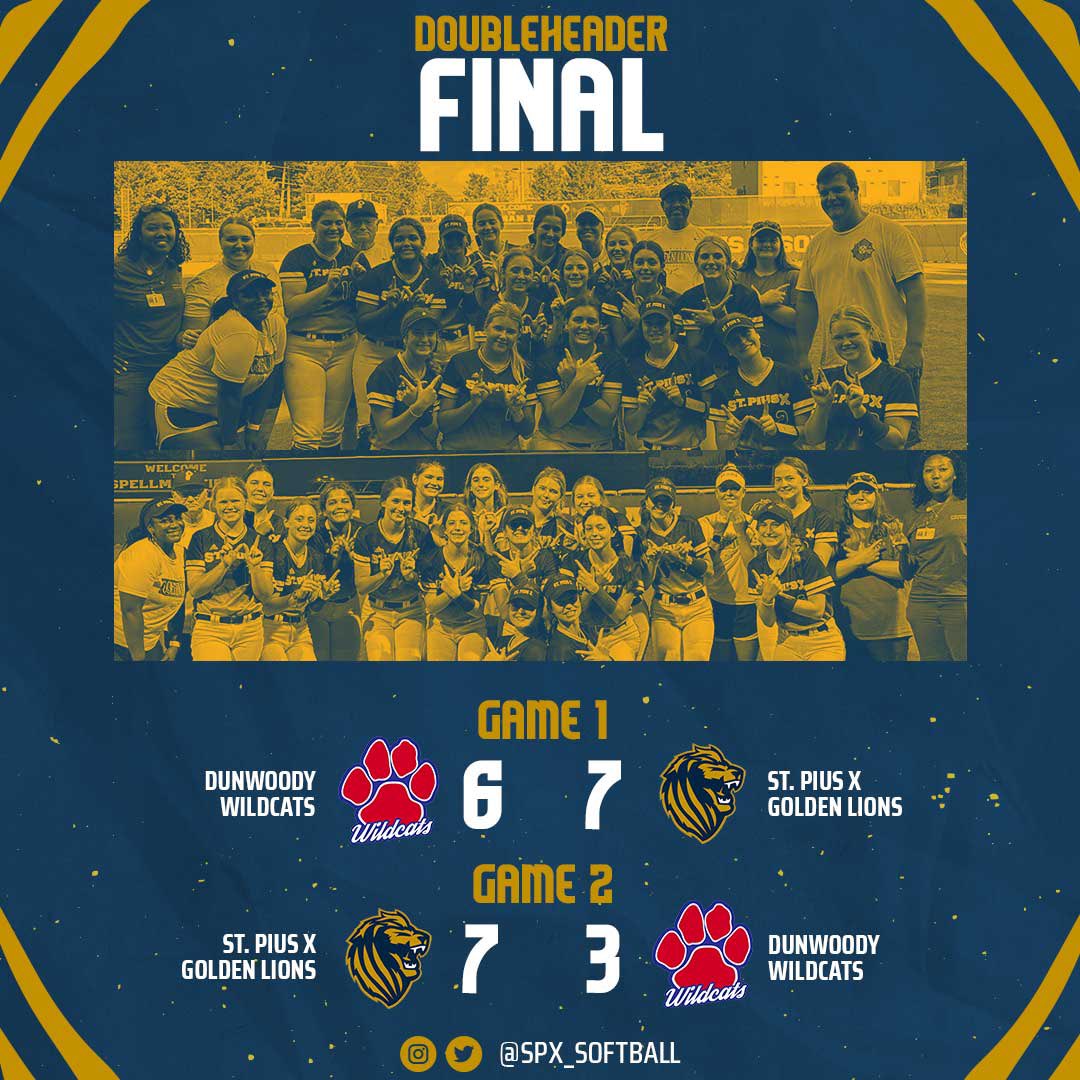 Double W’s for the lions tonite! A 7-6 walkoff in game 1 and a 7-3 win in game 2 to improve to 4-0 in the region. Way to go girls!

#BeTheReasonSPX <a href="/SPXGoldenLions/">St. Pius X Athletics</a> <a href="/StPiusXAtlanta/">St. Pius X Catholic High School</a> <a href="/MaxPreps/">MaxPreps</a> @GeorgiaMaxPreps <a href="/OfficialGHSA/">GHSA</a>