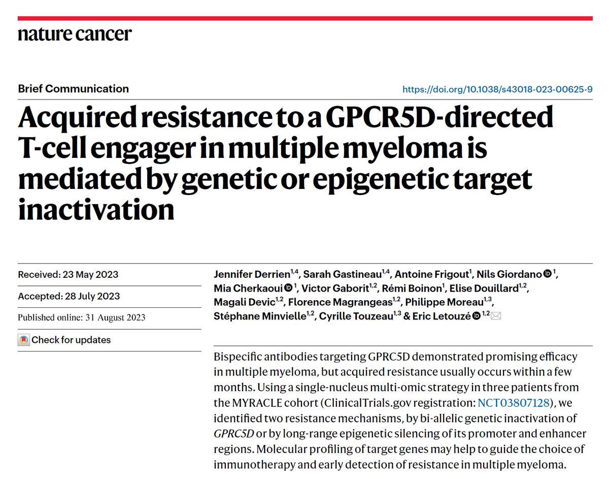onco_park's tweet image. #MultipleMyeloma 
Studying the mechanisms of resistance to #Talquetamab:
Based on a small patient sample, this study showed two mechanisms of resistance induced by the inability of talquetamab to bind to #GPRC5D. 

While resistance to GPRC5D by 1) genetic mutation is familiar,