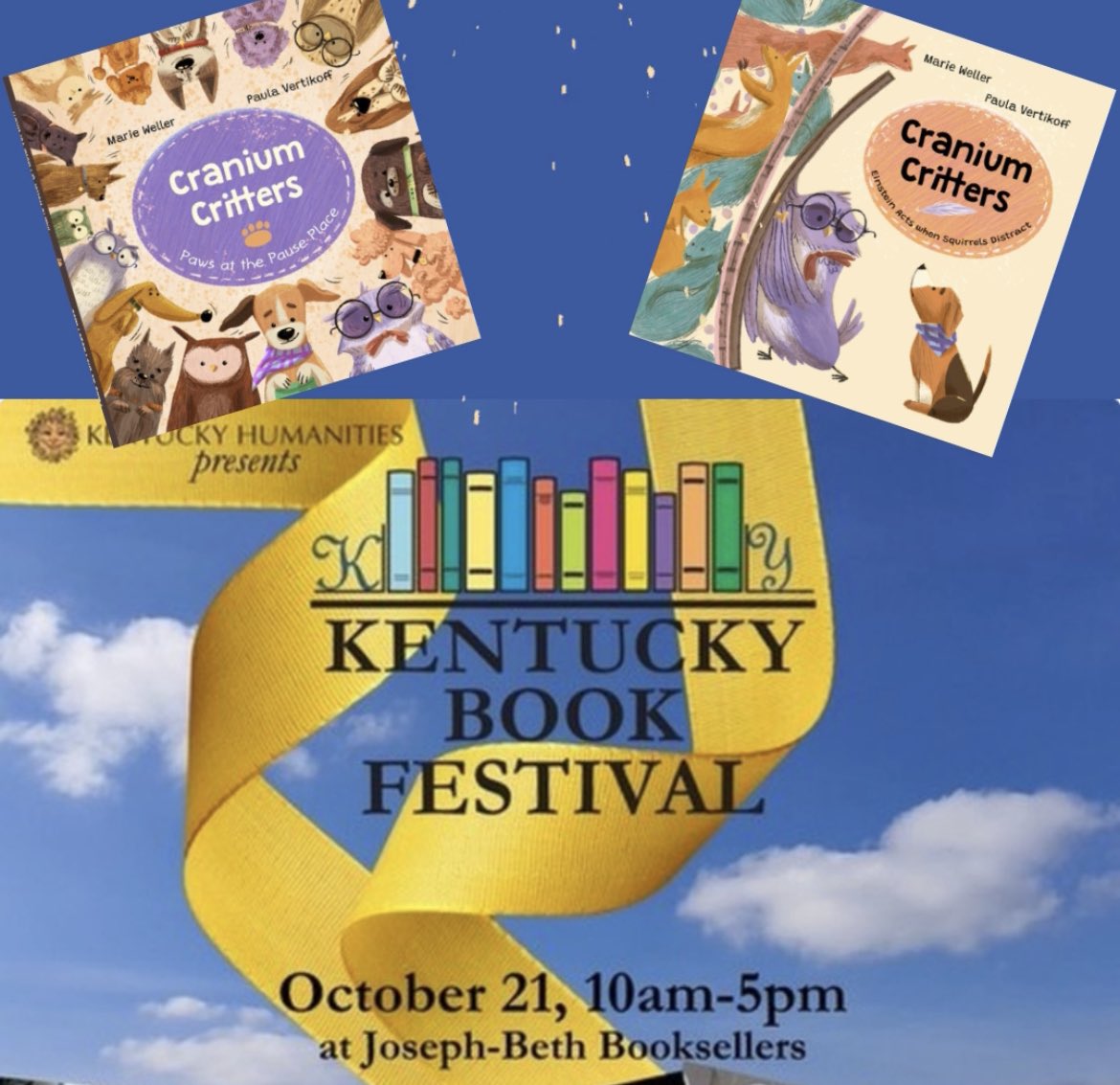 SELtreasures's tweet photo. YAY! Einstein and Scout are heading to the Kentucky Book Festival in October!  So excited to share Cranium Critters in Lexington.  We've been selected to read our story aloud to parents and children attending the festival.  Woo Hoo!!!!

Find our book here:
https://t.co/i4PUp724Z4 https://t.co/u1oy2BvKhP