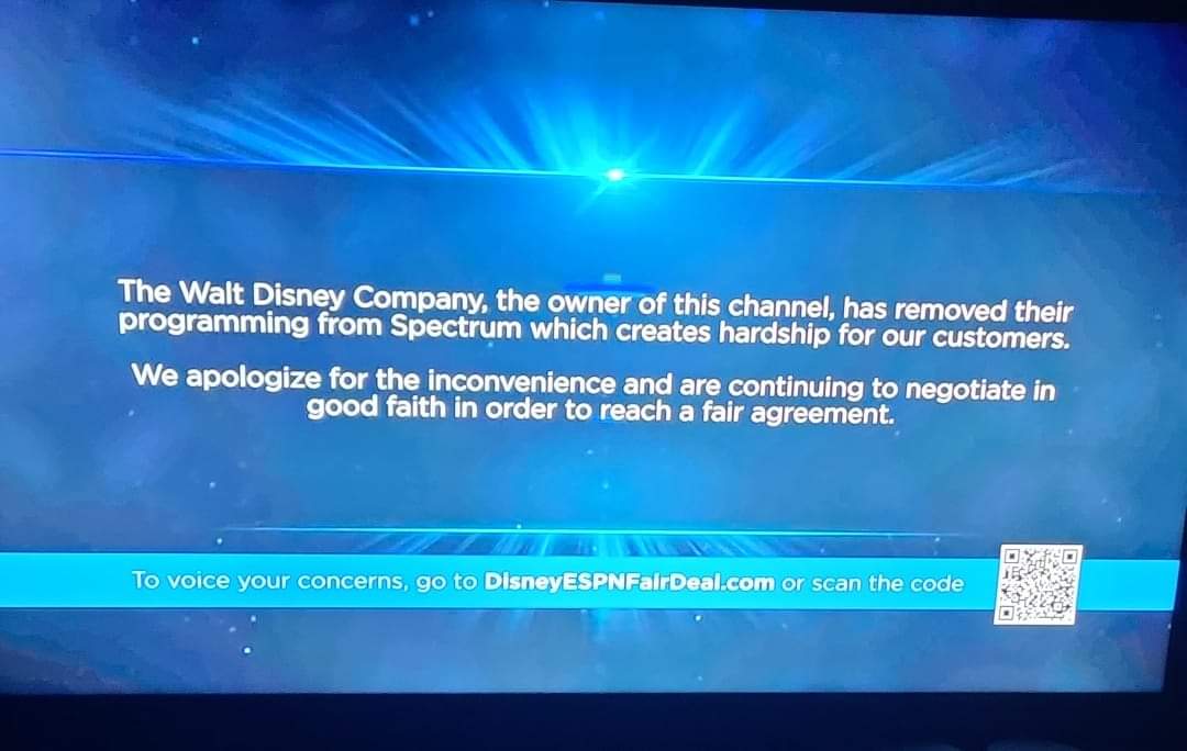 the_tjword's tweet photo. Seems that ESPN/Disney is extorting more money from Spectrum and all of the channels have been turned off. I have not been a fan of ESPN for several years now and it looks like their woke politics are hitting their pocketbook hard.
@espn @Disney #boycottdisney #boycottspectrum https://t.co/2WdJQfRiqw