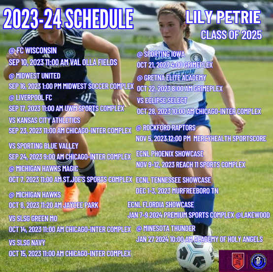 LilyPetrie8's tweet photo. Super excited to play in @ECNLgirls with @chiINTER this year!! Here is our schedule--come and support us!! @PrepSoccer @TheSoccerWire @TopDrawerSoccer @ImYouthSoccer @ImCollegeSoccer @girlssoccernet @TopPreps #MoreThenAClub #Legea https://t.co/nIqBLhgipw