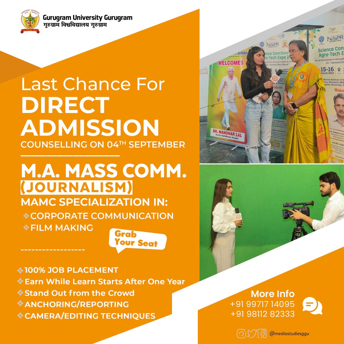 MediaStudiesggu's tweet photo. Don't miss out on your Final Opportunity to join @gurugramuniver1, Gurugram. Enroll yourself in Master of Arts in #Mass #communication (#Journalism) by September 4th 2023.
#gurugram #university #lastchance #admissions #postgraduatecourses #college #admissionalert #Students https://t.co/qbTrsSoAvi