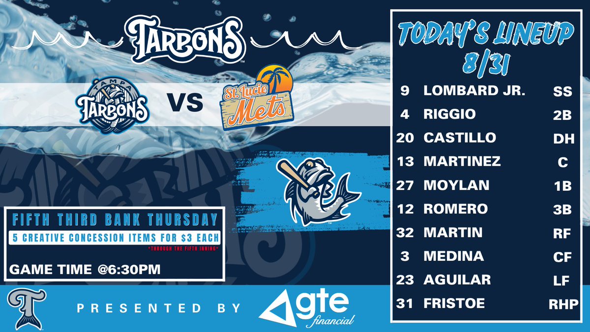 TampaTarpons's tweet photo. GAME DAY!⚾ 
Tonight's Starting Lineup      
GAME TIME: 6:30PM

#MiLB #TarponsBaseball #Tampa #Tarpons  

Tonight's Game Day Lineup is Presented by
@GTEFinancial https://t.co/Rbz2QtYibY