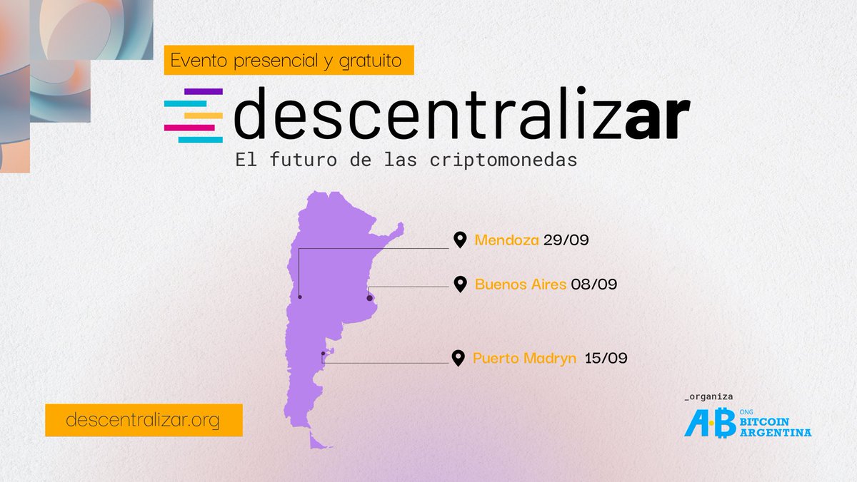 moneyonchainES's tweet image. 🚀 La cuarta edición del evento gratuito que organiza @BitcoinAR ya tiene fecha y es el más importante sobre #Bitcoin y la #criptoeconomía en #Argentina 🙌🏼

✅ Encuentros presenciales en tres puntos del país. 🇦🇷
👉🏼Buenos Aires - 🗓️ 8/9
👉🏼Puerto Madryn - 🗓️ 15/9
👉🏼Mendoza - 🗓️