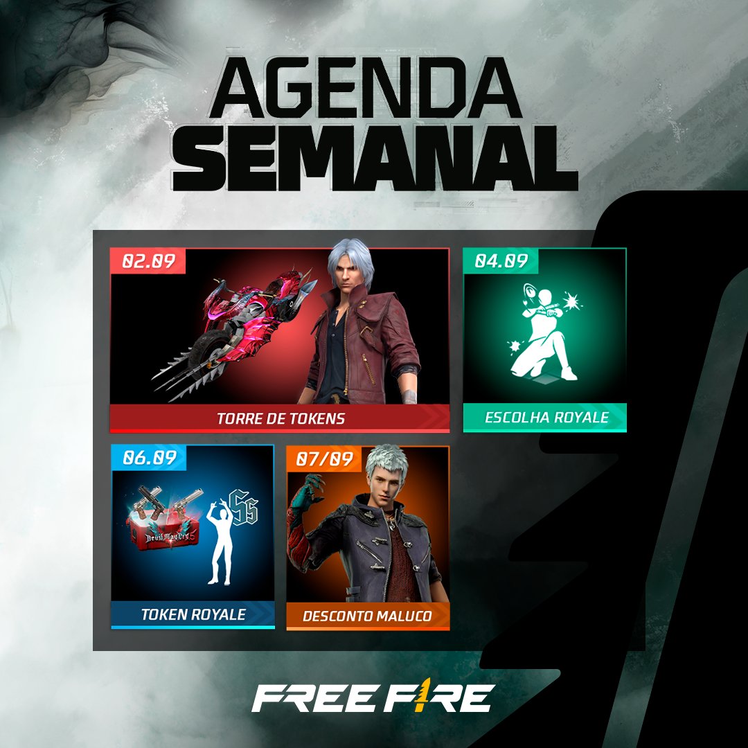 Foi aqui que pediram a #AgendaSemanal? 👀 Olha só o que tá voltando essa semana da colaboração #FreeFirexDMC:

🔥 Conjunto Dante
😎 Conjunto Ebony & Ivory (USP)
⚔ Conjunto Nero

Não perde essa segunda chance, hein! 😉