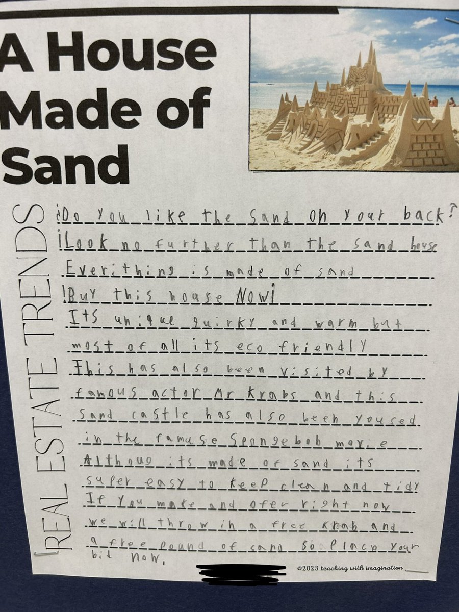 FrisonJaclyn's tweet photo. @CMSoto_Leaders 5th grade GT writing via persuasive advertising! Part one of the Unsellable House Challenge… #usingrubrics #marketing #advertising #personalfinancialliteracy #realestate https://t.co/3sO0gix8x4