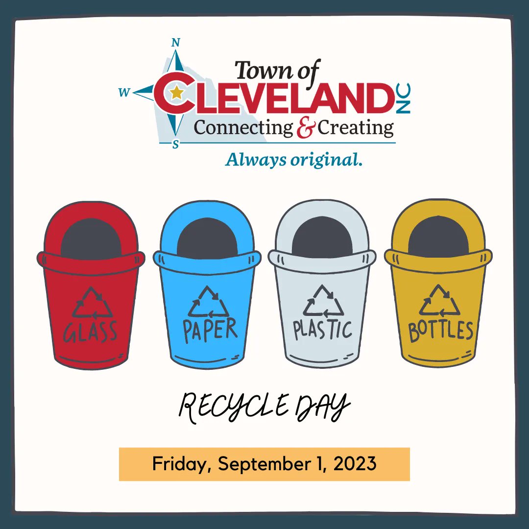 TownClevelandNC's tweet photo. *Reminder** 

🗑️Recycling &amp; Trash pick up will be Friday, July 21st. Please don't forget to put your trash cans and recycling bins out on Friday night!🗑️

#AlwaysOriginal #ClevelandNC https://t.co/VHF6JU5WYC