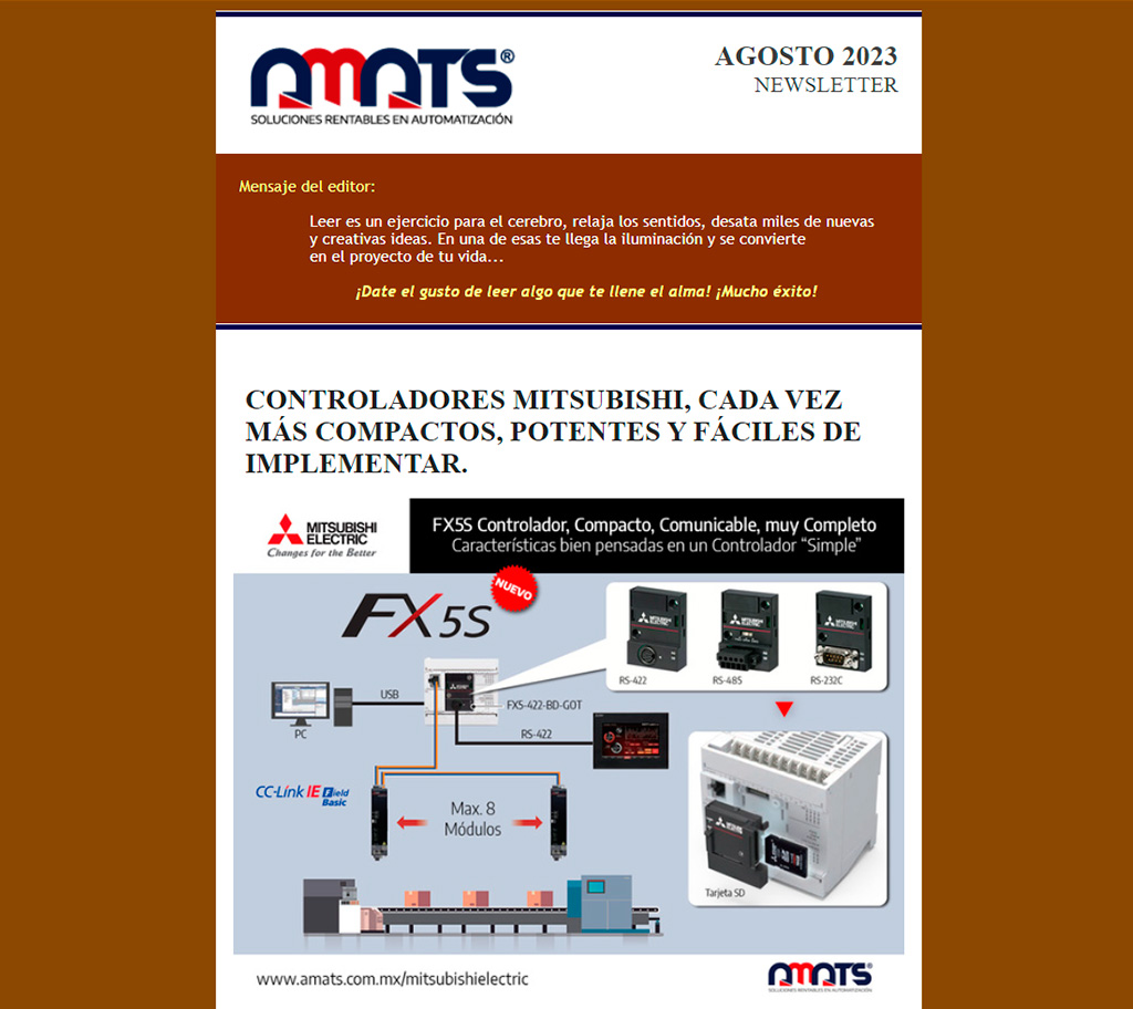 amatselectric's tweet photo. 📣Newsletter Agosto 2023 “Nuevo PLC FX5S de “Simple y más” 😎 ¡Aquí!👉🏽 https://t.co/2tJbrvLHb7
#AmatsElectric #MitsubishiElectric #Tolomatic #Euchner #EuchnerMexico #TransformaciónDigital #Automation #Automatización #IoT #Industria #Industria40 #Newsletter #NoticiasIndustriales https://t.co/oE6MZyqEVI