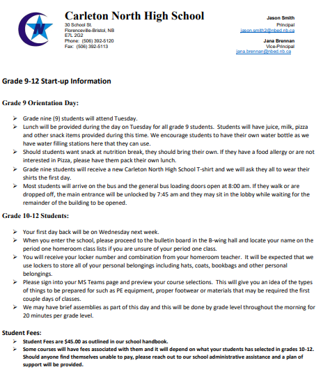 Mr. Smith has sent out information concerning return to school. There are several documents attached. Here are some highlights: