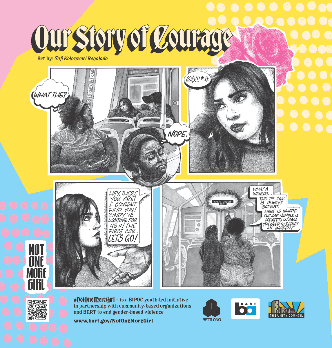 SFBART's tweet photo. Introducing the work of Safi Kolozsvari Regalado, a Bay Area based muralist who created this powerful art.

Safi's art speaks to the importance of the bystander's role in our community, reminding us all of the courage it takes to stand up and support one another on BART. https://t.co/8ygvehkPzE