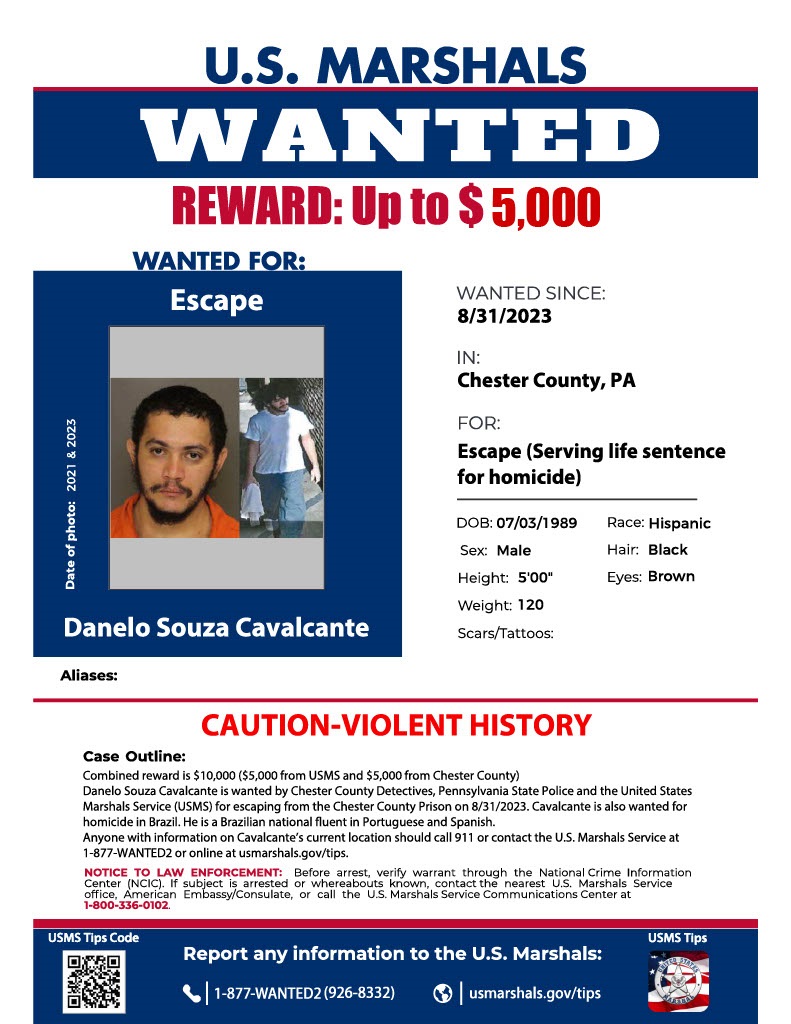 @USMS_Philly and @chescoda are offering a $10,000 reward for info leading to the arrest of Danelo Cavalcante. Cavalcante escaped the Chester County Prison this morning at 8:45 am. He was recently sentenced for a 2021 murder and is also wanted for a homicide in Brazil.