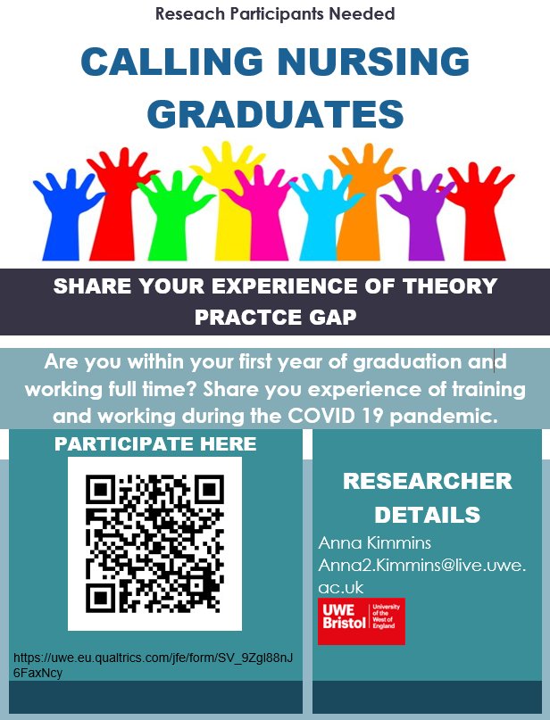 AnnakimminsAnna's tweet image. Calling Nursing Graduates!! Share your experience of Theory Practice Gap in relation to training and working during COVID19 .  Click to participate: uwe.eu.qualtrics.com/jfe/form/SV_9Z…… #theorypracticegap #nursing #research #Nurse