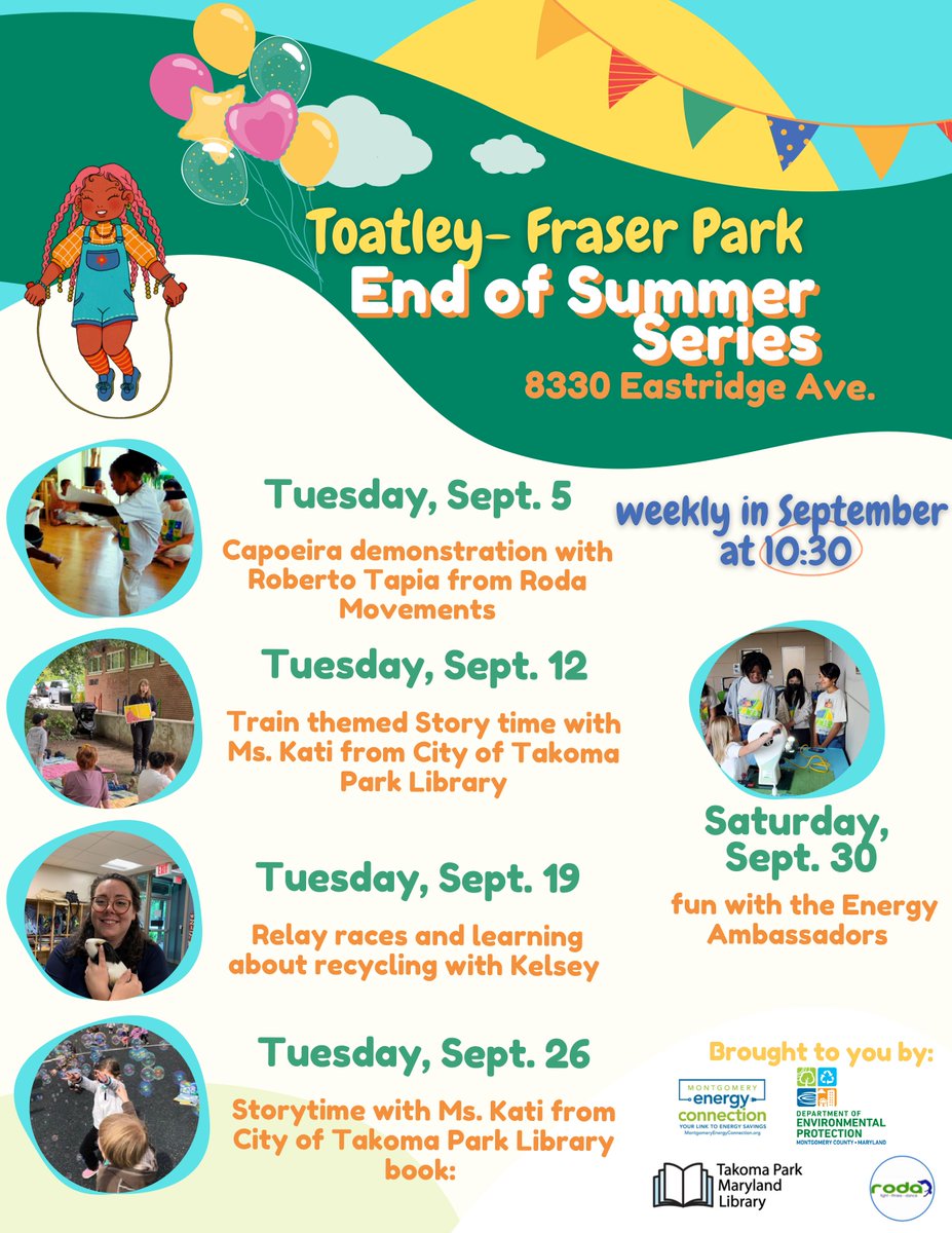 CMHonzak's tweet photo. WARD 5! Join your neighbors this TUES. SEPT 5 at TOATLEY-FRASER PARK for a community CAPOEIRA DEMONSTRATION! This will kick off a month-long series of FAMILY-FRIENDLY EVENTS every week at the park this Sept. Thanks to @rodamovements @takomalibrary @MyGreenMC @mcenergyconnection https://t.co/Zo0DRhlsiQ