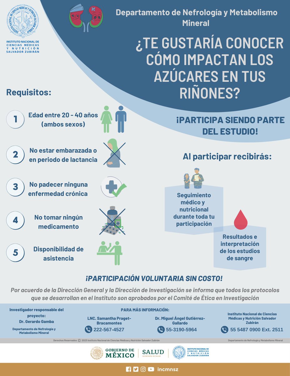 incmnszmx's tweet photo. ** PROTOCOLO **
¿Te gustaría conocer cómo impactan los azúcares en tus riñones?
¡Participa!
Por acuerdo con la Dirección General y la Dirección de Investigación se informa que los protocolos que se desarrollan en el Instituto son aprobados por el Comité de Ética en Investigación. https://t.co/4oevXDOZ7p