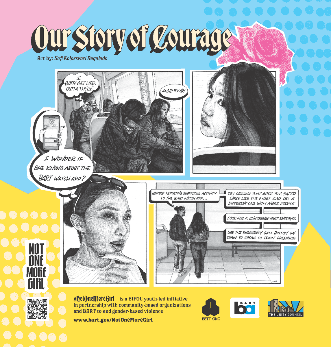 SFBART's tweet photo. Introducing the work of Safi Kolozsvari Regalado, a Bay Area based muralist who created this powerful art.

Safi's art speaks to the importance of the bystander's role in our community, reminding us all of the courage it takes to stand up and support one another on BART. https://t.co/8ygvehkPzE