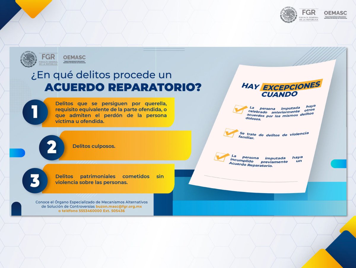 FGRMexico's tweet photo. Conoce los tipos de delitos en los que procede un Acuerdo Reparatorio #MASC? #Infórmate https://t.co/t56oLroKl4 https://t.co/nuCJJEQoHE