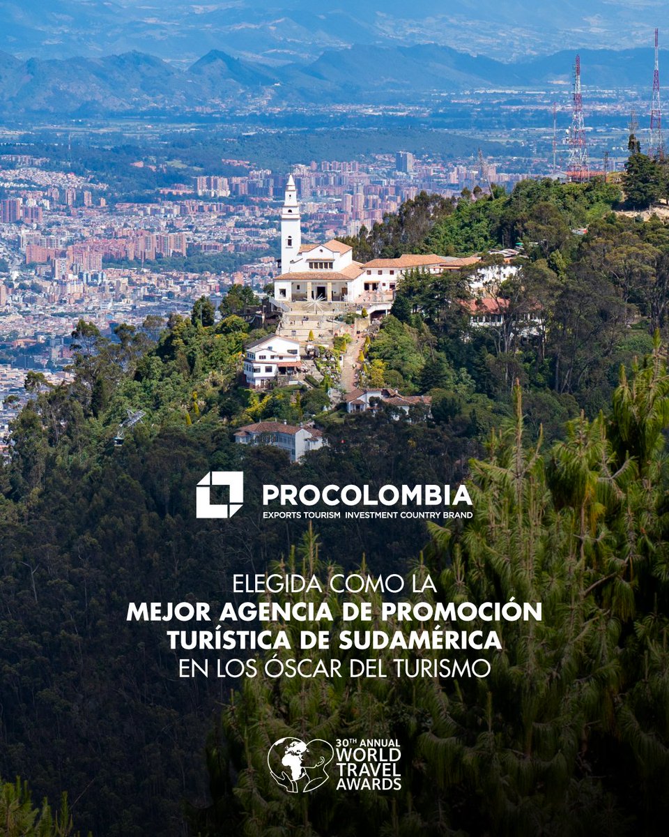 PROCOLOMBIACO's tweet photo. 🏆🌎 ProColombia fue elegida como la Mejor Agencia de Promoción Turística en Sudamérica en los #WTA2023. Un reconocimiento a nuestro compromiso por promover a #Colombia 🇨🇴 a nivel mundial y su amplia oferta de experiencias turísticas.

Lea más ⬇️​
https://t.co/QD5KHIdhSD https://t.co/1nGTcGXTWj