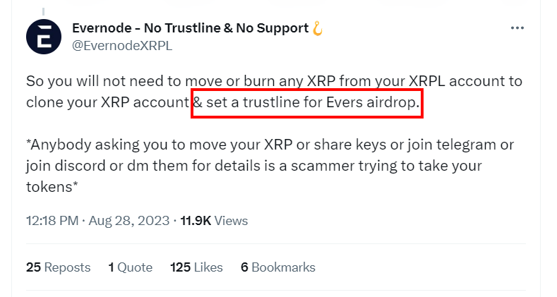 xrplCats's tweet photo. @bobcrypto13 @agreiff1583 @EvernodeXRPL You are mistaken here.

You don't need a trustline for the snapshot.
Some time after the snapshot, the sidechain will be launched, and on that sidechain, you will need to create a trustline.

Information about this trustline will then be provided. (No XRP is required) https://t.co/oqMzvBQFZH