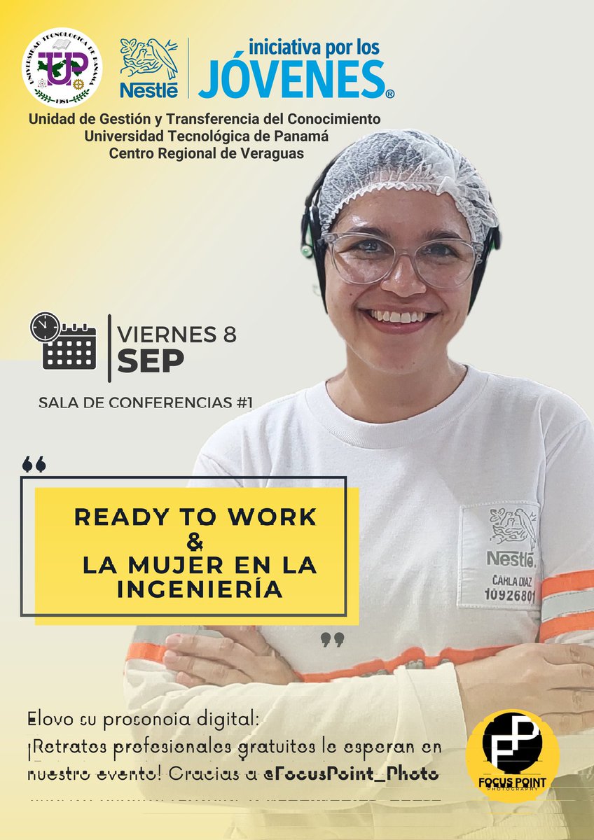 UTP-DGTC (@utpdgtc) on Twitter photo La <a href="/UTPVeraguas/">UTP | Centro Regional de Veraguas</a> les invitamos a participar del Ready To Work & La Mujer en la Ingeniería, organizado por la UGTC Veraguas y Fábricas Nestlé.
📅viernes 8 de septiembre
⏰10:00 a.m.
📍Sala de Conferencias #1 La <a href="/UTPVeraguas/">UTP | Centro Regional de Veraguas</a> les invitamos a participar del Ready To Work & La Mujer en la Ingeniería, organizado por la UGTC Veraguas y Fábricas Nestlé.
📅viernes 8 de septiembre
⏰10:00 a.m.
📍Sala de Conferencias #1