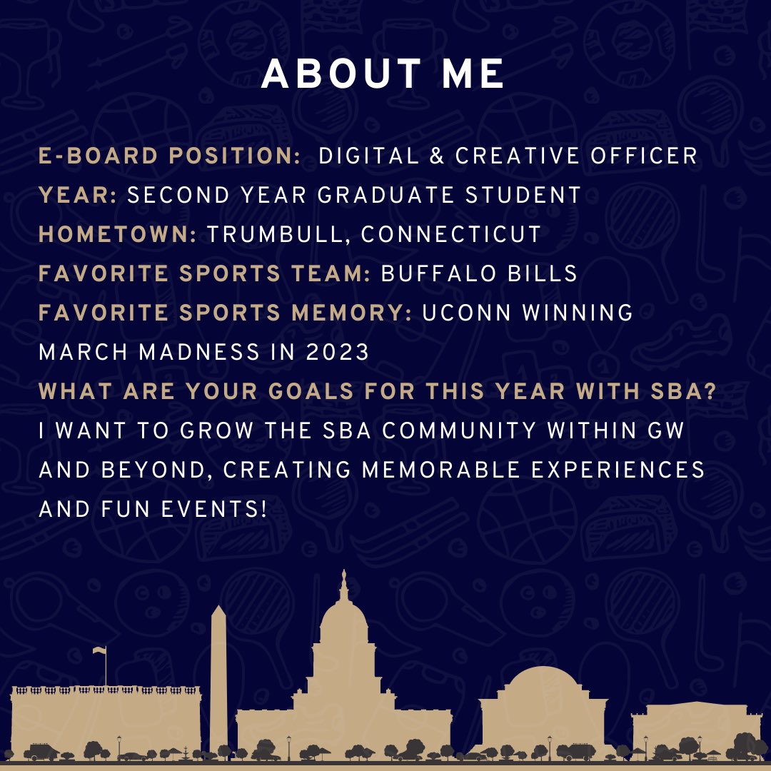 Next in our EBoard spotlights is our digital and creative officer Claire Deegan! A second year graduate student pursuing a master’s in sports management, we are excited to have Claire with us to see what she will accomplish for the student body!