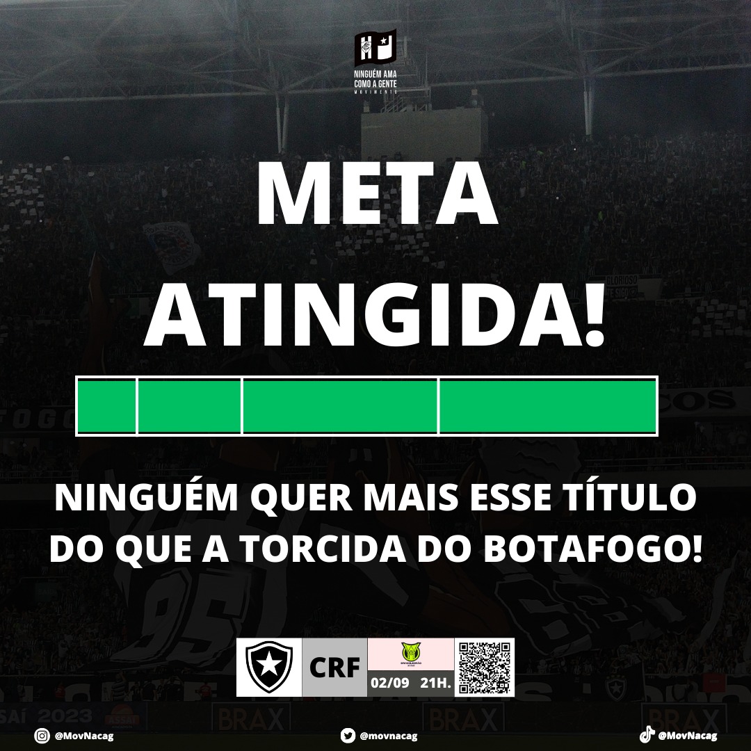 META ATINGIDA! Para ajudar na organização amanhã, envie mensagem e coloque seu nome na lista. Continue dando para aumentar a festa, pix: movninguemamacomoagente@gmail.com A festa fazemos todos, sempre pelo BOTAFOGO. #NinguémAmaComoAGente #EntramOnzeJogamosTodos