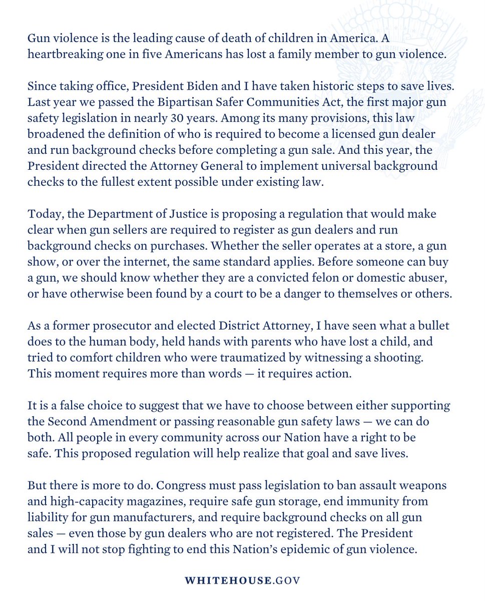 VP46Archive's tweet image. A heartbreaking 1 in 5 Americans has lost a family member to gun violence.

There is more work to do to end our nation's gun violence epidemic, but today DOJ announced another step to save lives by proposing a rule expanding background checks.

Read my full statement: