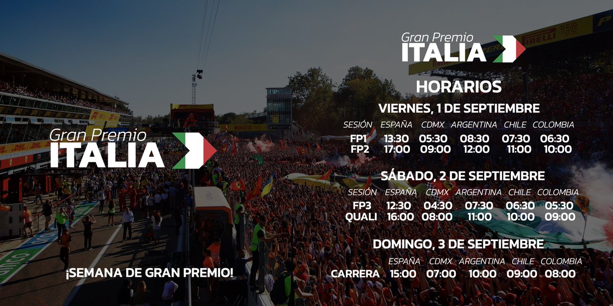 victorabadf1's tweet photo. 🏁 H O R A R I O S 🏁

Después del carrerón de la semana pasada, la Fórmula 1 regresa a la acción en uno de los circuitos más míticos del mundo.

A partir de mañana, visitamos el Autodromo di Monza con el Gran Premio de Italia 🇮🇹.

Comparte los horarios, salva una vida. https://t.co/CGJF2fOGB7