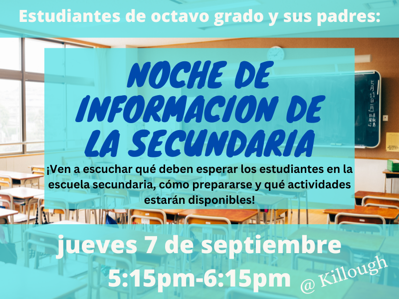 KilloughEagles's tweet photo. 8th grade families, join us tomorrow! Come hear about what to expect in high school! September 7th! #iamkms #ReachingNewHeights #wearealief https://t.co/ct5AJvzy9i