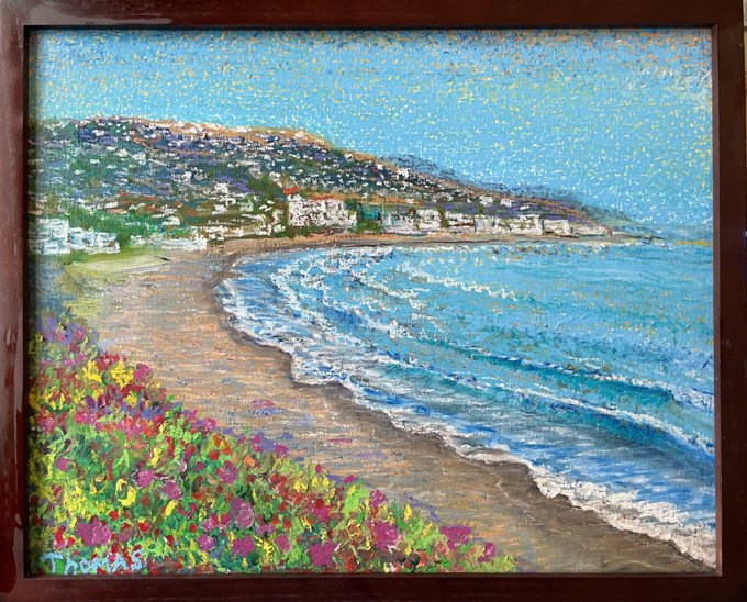 b2sure's tweet image. Title: "Eternal Bond: Main Beach Impression" Medium: Mixed Media (Oil Pastel over Oil Painting) Dimensions: 20" x 16" Foundation was meticulously laid in oil paint, setting the stage for the vibrant details that followed. Sennelier fine oil pastels, applied with laborious dots.