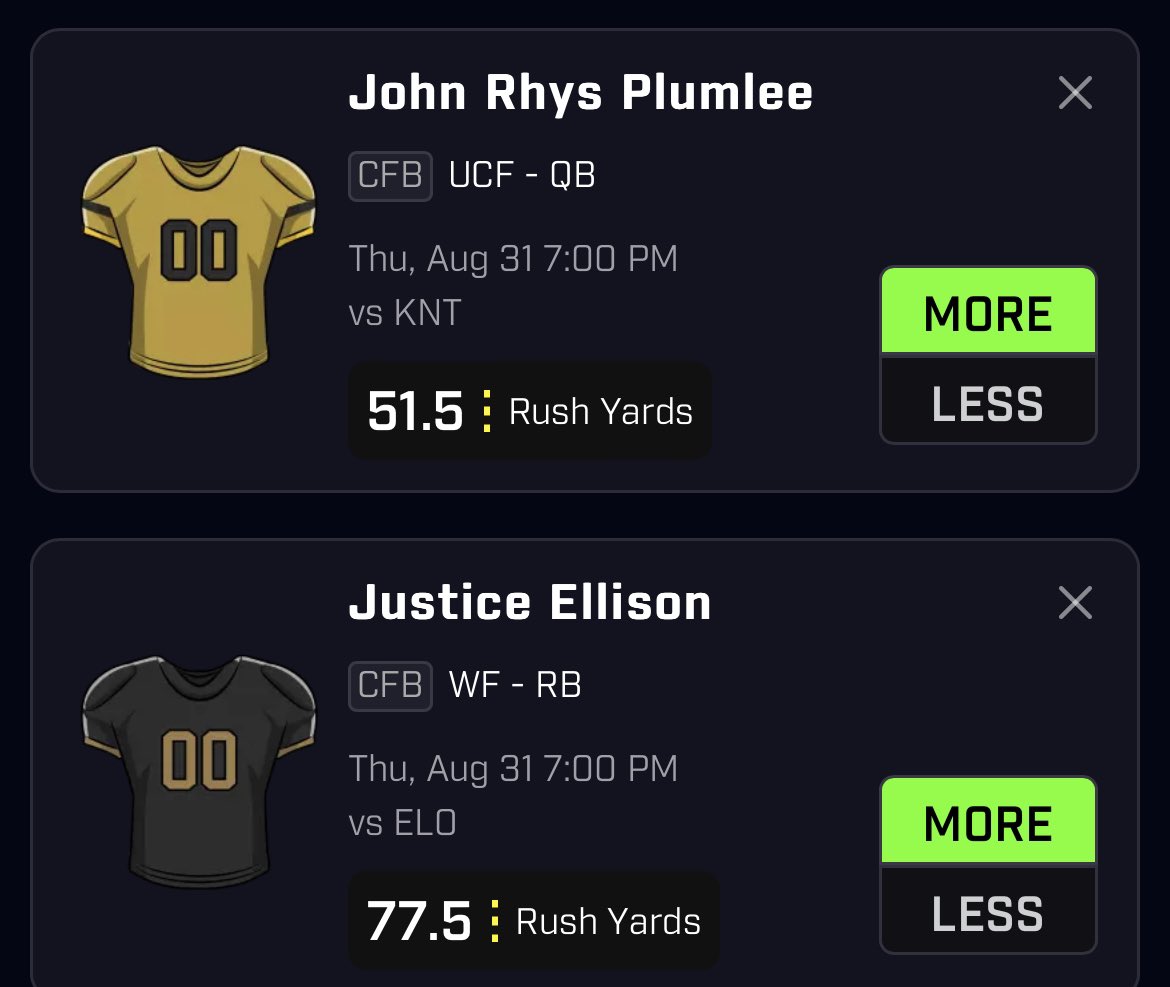 Betitjon's tweet photo. College 🏈 pair #1
John Rhys Plumlee over 51.5 rushing yards
- Over in all 4/4 non conference games year
Justice Ellison over 77.5 rushing yards
-No Sam Hartman anymore means Wake will Run more plays an FCS opponent
#gamblingx #prizepicks #prizepickslocks #prizepickscfb https://t.co/umjyfEQZaG