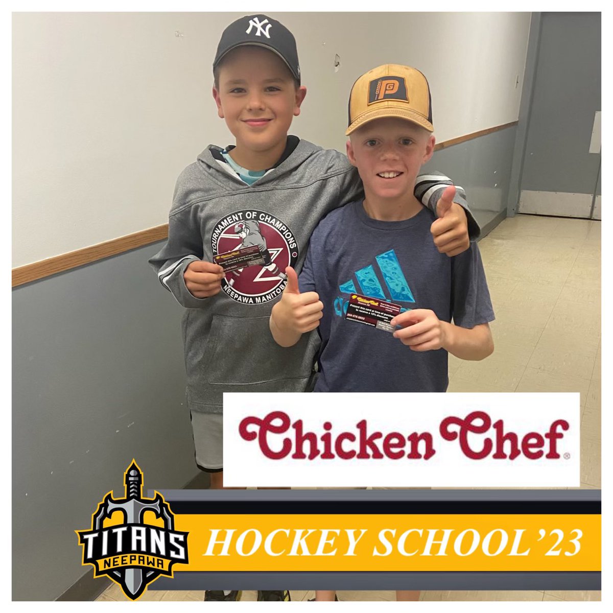 MJHLTitans's tweet photo. Congratulations to Grey Billett and Jaixon Ledoux, they were the U13 Chicken Chef - Neepawa HARDEST WORKING TITANS at this afternoon’s session!

#TitanUp🛡️🏒 @Billy1818 https://t.co/O9JiHOSG5K