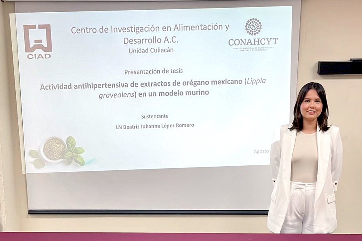 ciadmx's tweet photo. Beatriz Johanna López Romero, #estudiante egresada de la #Maestría en #Ciencias, presentó su defensa de la #tesis "Actividad antihipertensiva de extractos de orégano mexicano (Lippia graveolens) en un modelo murino". Su investigación fue dirigida por el Dr. José Basilio Heredia https://t.co/aBvaenGoSs
