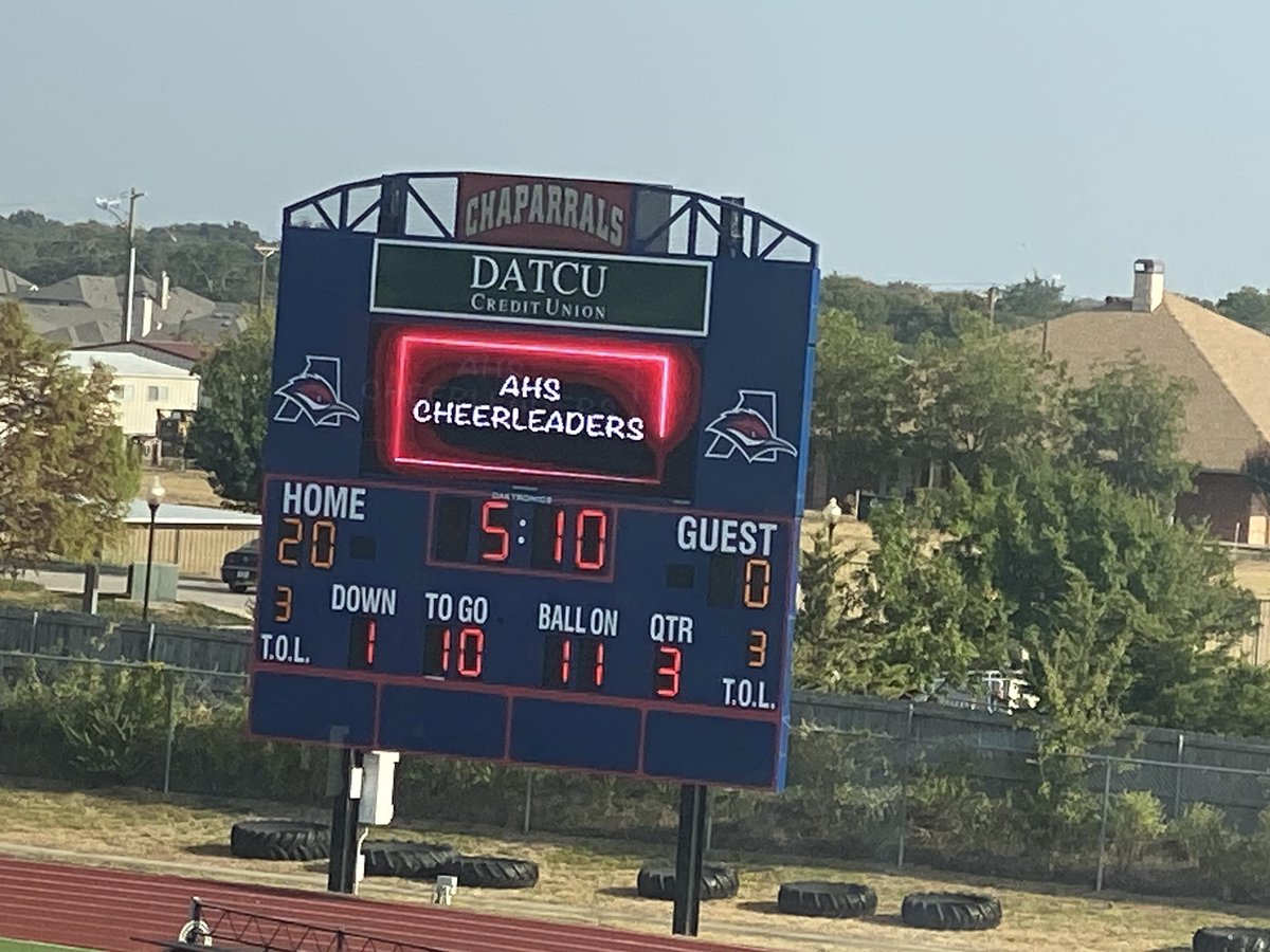 Frogman87's tweet photo. Our Freshmen Chaparrals are up 20-0 over Anna HS at the half. Our cheerleaders had a great performance during halftime. #Aubreyproud #Inspiringhope https://t.co/ATHdUqhn7r