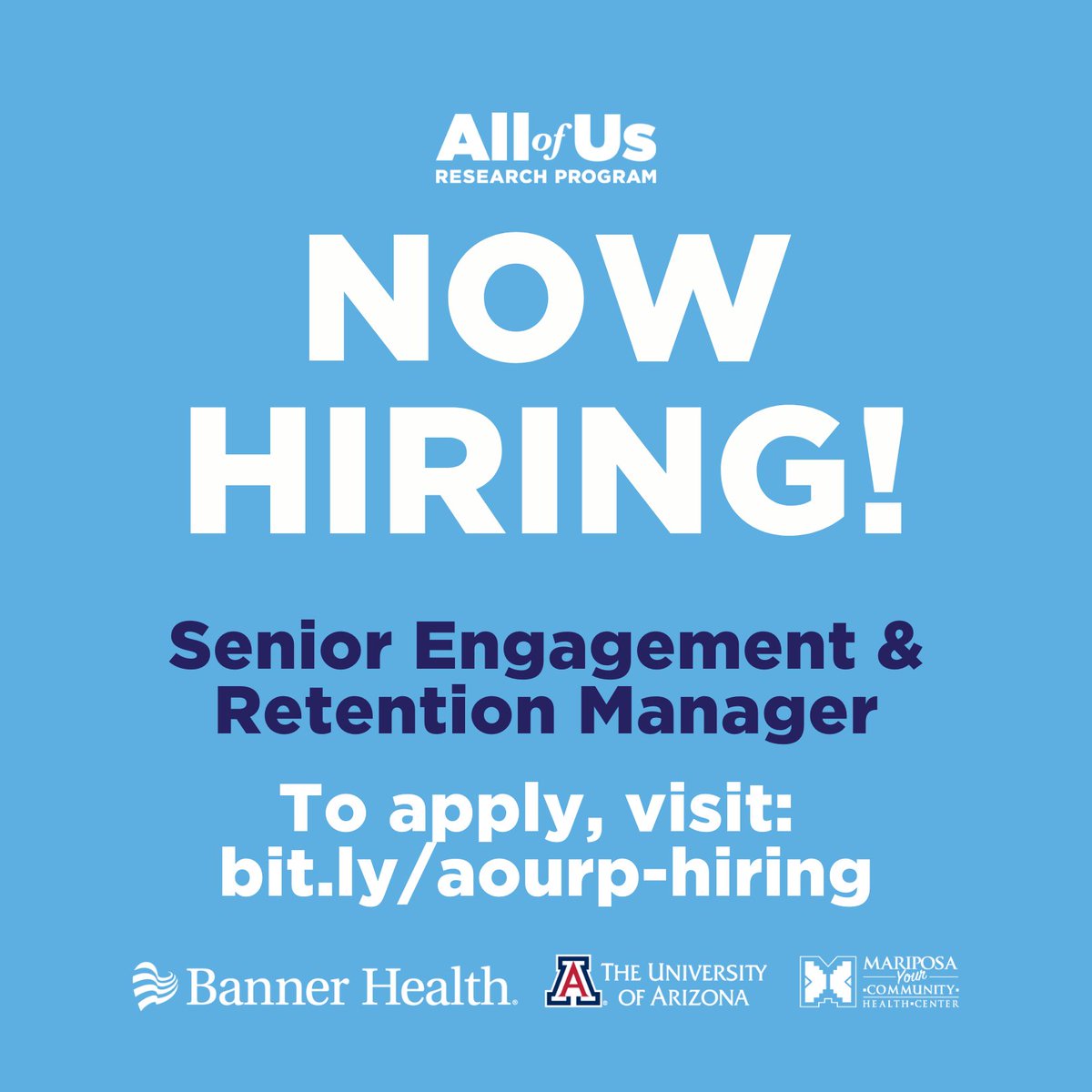 AllofUsAZ's tweet photo. 🌟 Join Our Team! 🌟 Are you a leader with a passion for building a healthier future? We're hiring a Senior Engagement &amp; Retention Manager to drive our participant engagement &amp; retention strategies. B Apply today: https://t.co/sUaGEQ5RPx ! https://t.co/hCgpVrZ5yU