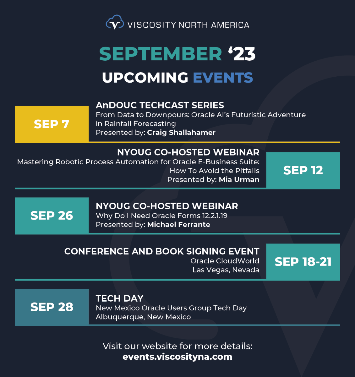 ViscosityNA's tweet photo. Gear up for a tech blast in Sept 2023! Two Oracle Forms webinars, RPA for Oracle EBS with @nyoug_nyc, @AnalyticandData's #TechCast on rainfall prediction. Plus, Oracle #CloudWorld's book signing event at the @Quest booth & #NMOUG Tech Day!
https://t.co/Vuzfe7cudT
#vna23 #orapub https://t.co/57a6sPNYVe