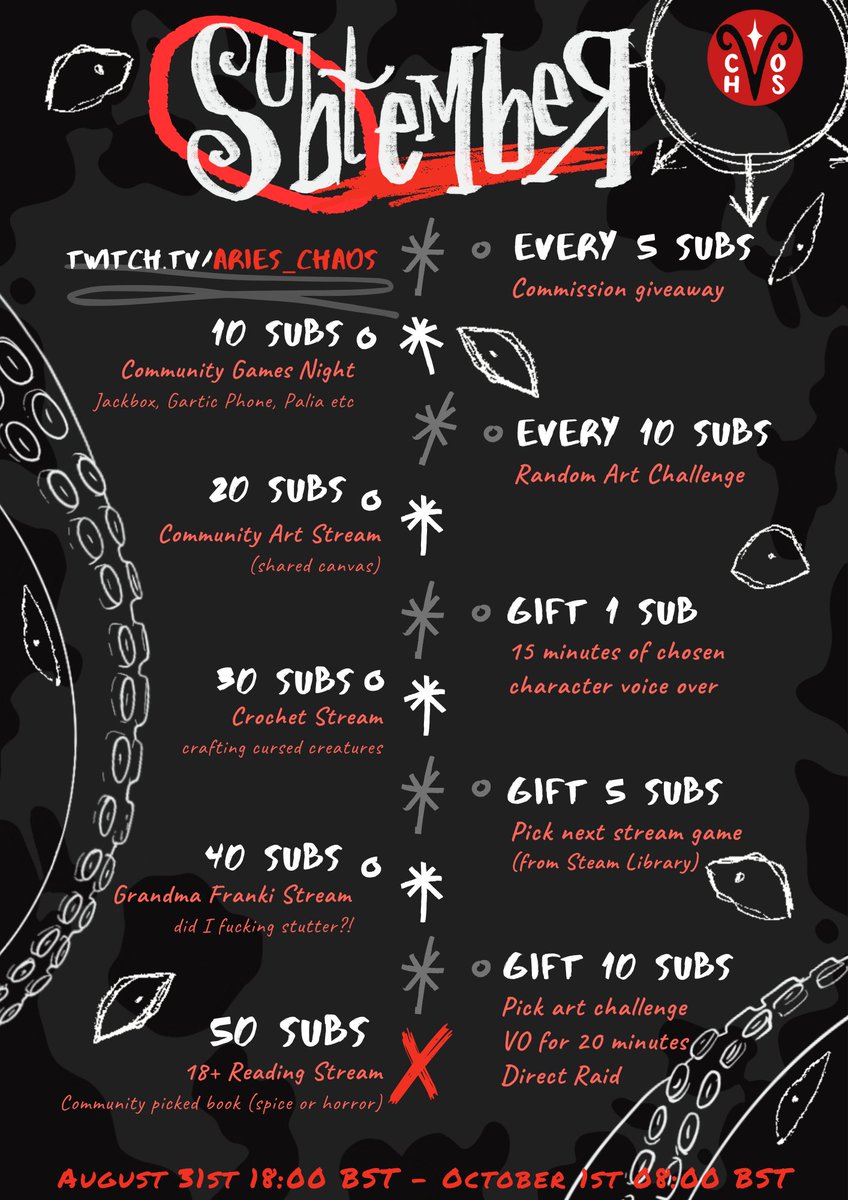 #Subtember incentives 
Starting tomorrow 
twitch.tv/aries_chaos