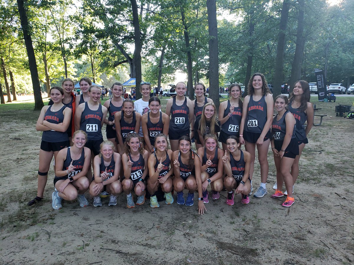 ArmadaXC's tweet photo. Girls CC (Div 2) wins the 12-team Adams Invitational over Div 1 powers Rochester Adams, Royal Oak, and Troy, and Div 2 rivals Regina and Note Dame Prep. @ArmadaAthletic @ArmadaSchools https://t.co/6r9mpEzSDA