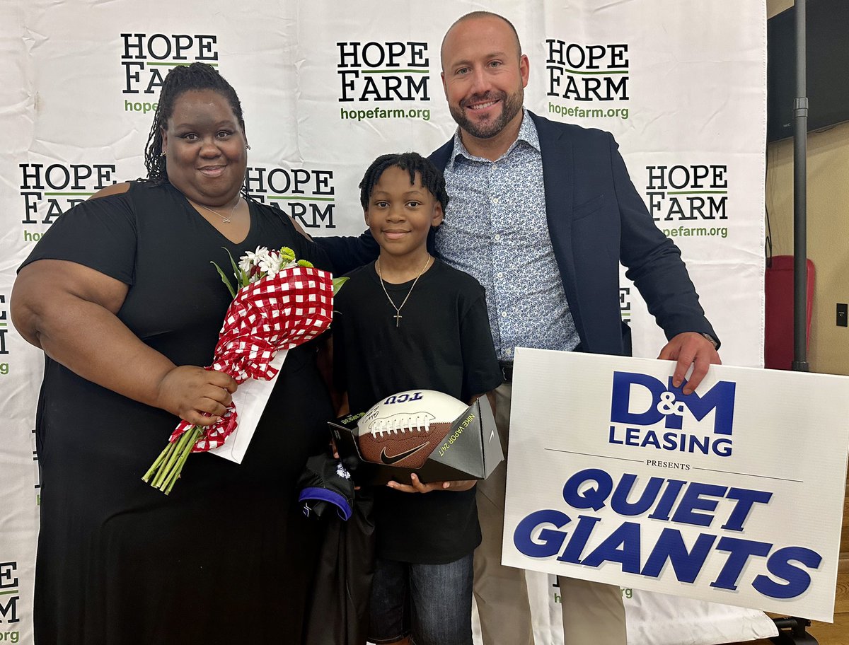 dmleasing's tweet photo. It is an awesome day when we can team up with 2 of our favorites, @HopeFarmInc and @TCU_Athletics to deliver 2 tickets for this Saturday’s home game and a signed football from Sonny Dykes to Caleb Smith and his mom. At D&amp;M Leasing we believe in making family memories. #GoFrogs 🐸 https://t.co/pKrqqFUT9u
