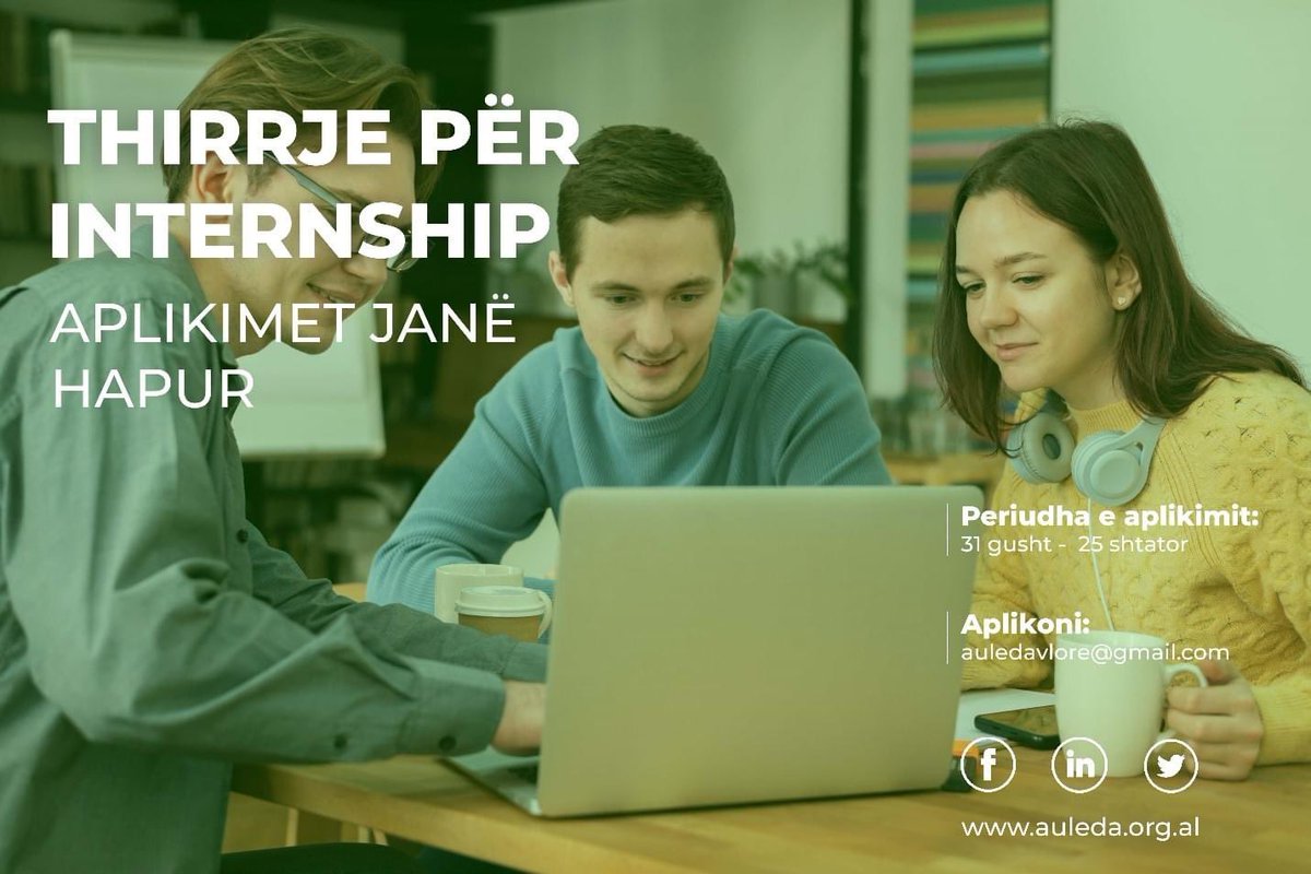 Thirrje e Hapur për Internship (Praktikë)

A jeni një individ i përkushtuar dhe ambicioz në vitin e fundit të studimeve master apo keni përfunduar studimet? Një mundësi interesante ju pret te Auleda - Agjencia e Zhvillimit Ekonomik Lokal.
Lexo më shumë!

facebook.com/10006640448579…