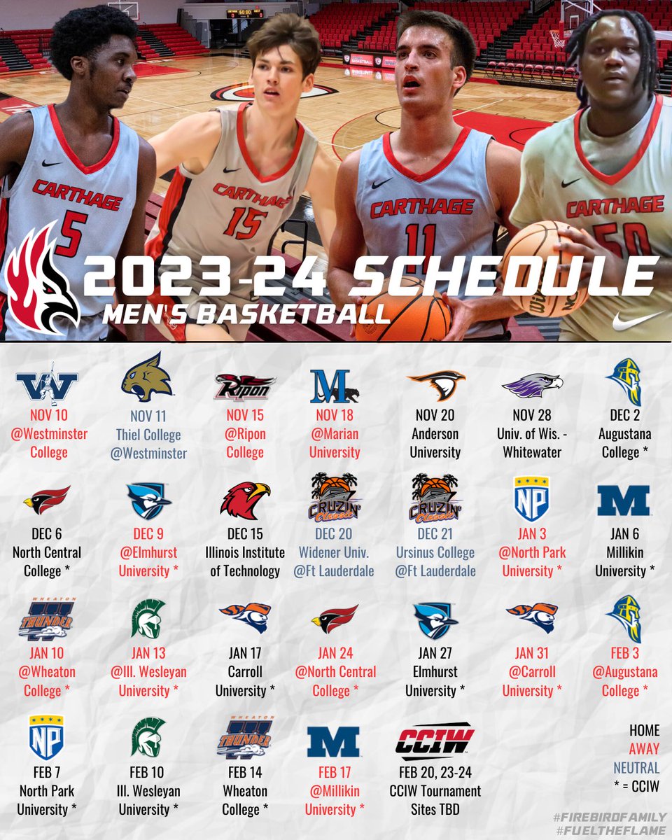 🏀 2023-2024 SCHEDULE 🏀

School is in session and that means  basketball season is just around the corner! Make plans to come out and support your Firebirds!!

#CarthageBasketball #FirebirdFamily #FuelTheFlame #d3hoops